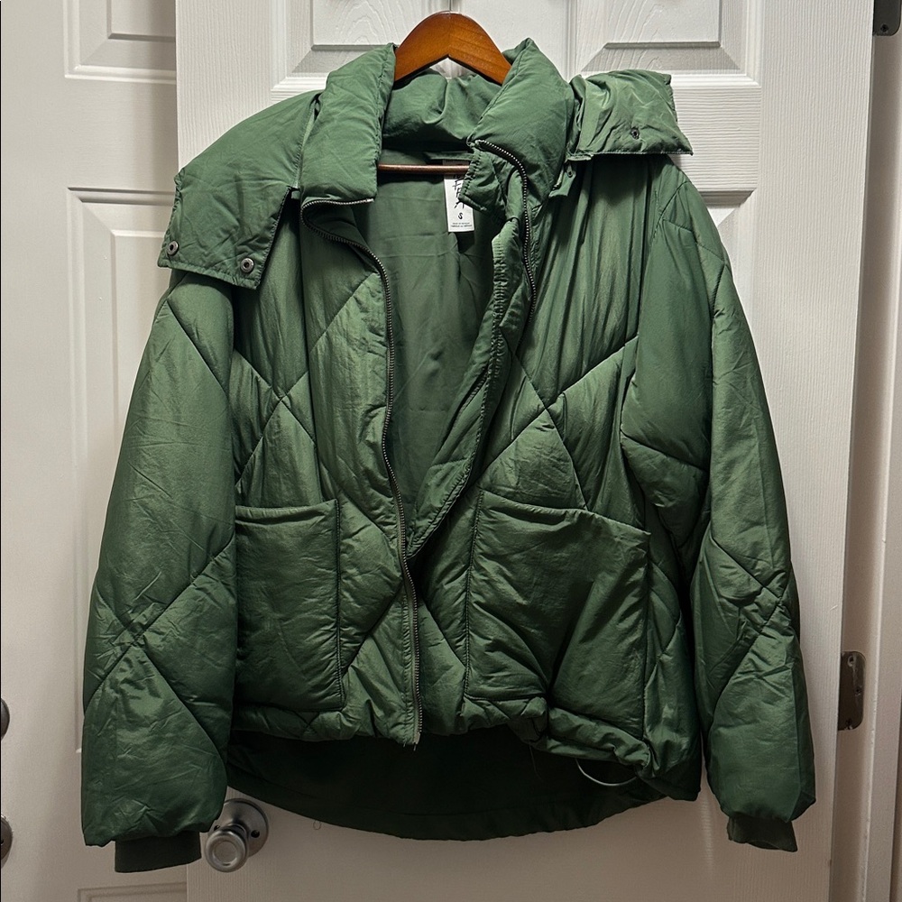 Free People Sage Green Puffa Jacket with Removable Hood